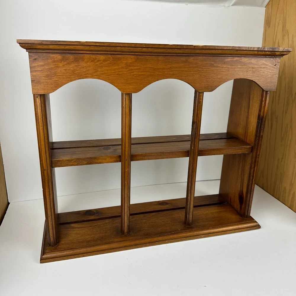 Vtg Wood Wall Display Shelf Scalloped 6 Slot Shadow Box Brown Farmhouse Mug